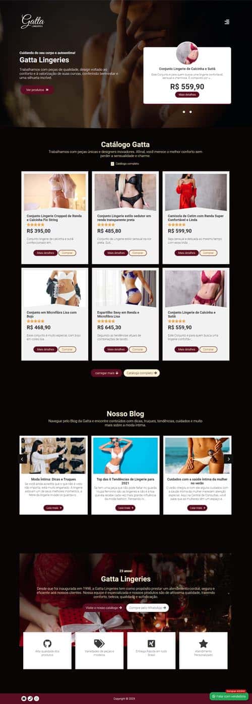 Modelo de site com Catálogo para representantes de moda íntima, lingeries, roupas e peças íntimas