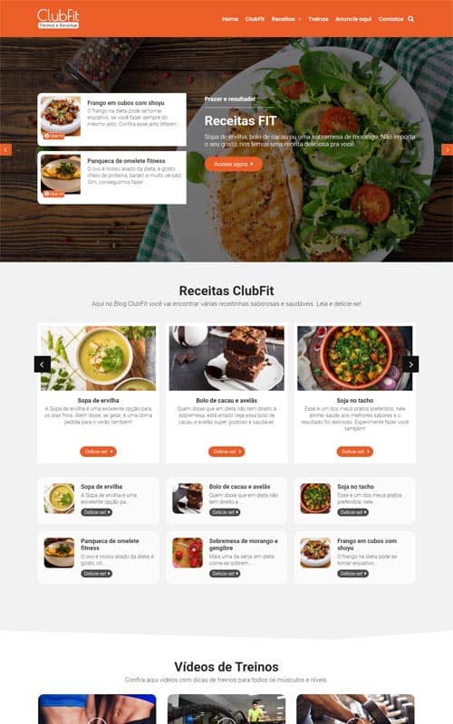 Modelo de site com blog de receitas de comidas fitness, culinária ou gastronomia