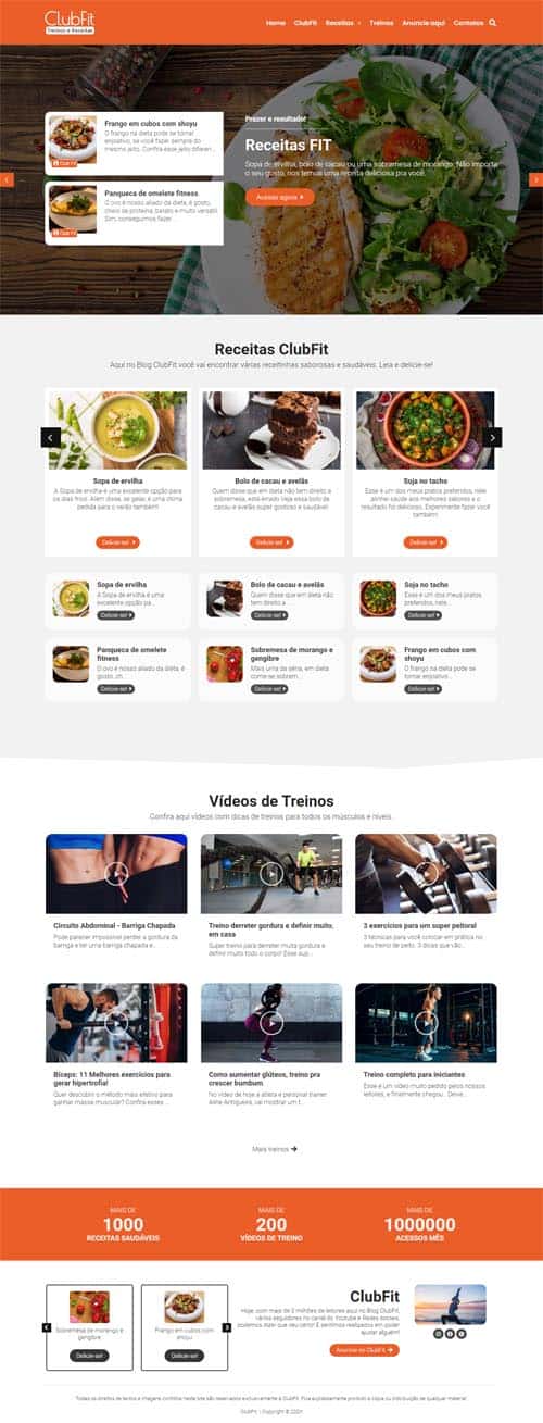 Modelo de site com blog de receitas de comidas fitness, culinária ou gastronomia